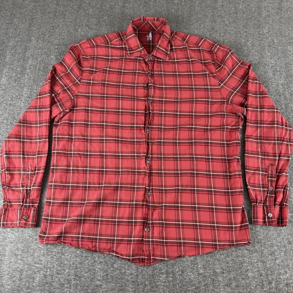 Johnnie-O Featherweight Plaid Button Front Shirt Men XL Red Cotton Long Sleeve